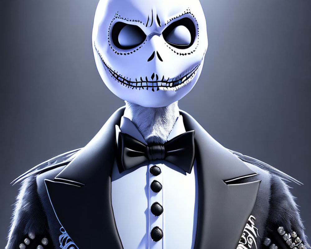 Skeletal character in tuxedo and bow tie on dark grey background