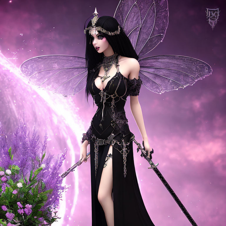 Gothic fairy with black hair, delicate wings, and dark attire on purple backdrop.