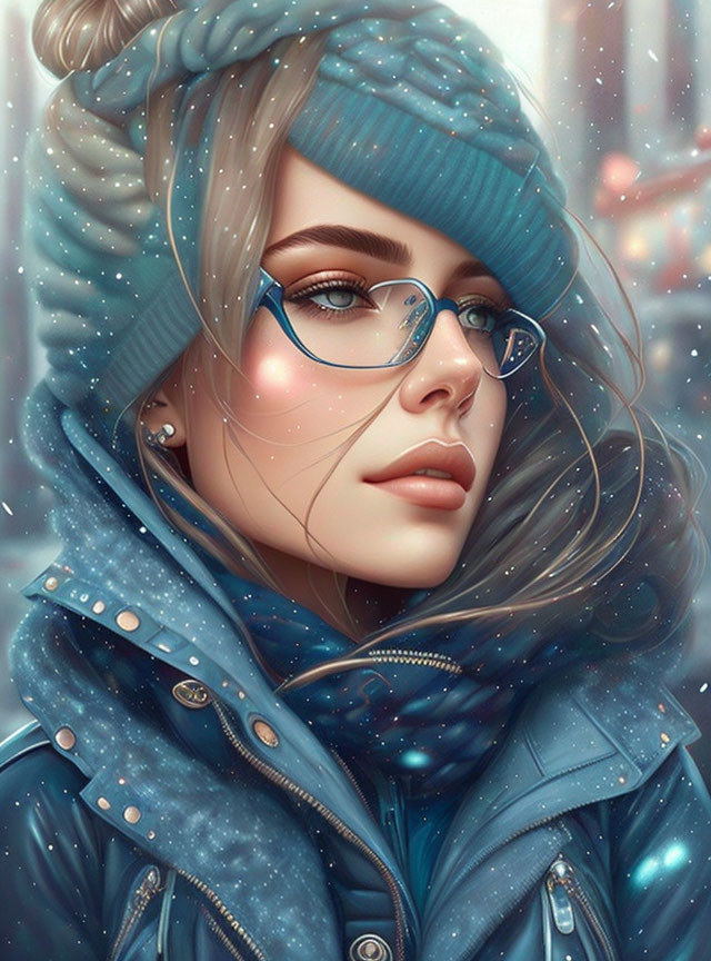 Digital Artwork: Woman in Blue Winter Attire with Glasses in Falling Snowflakes