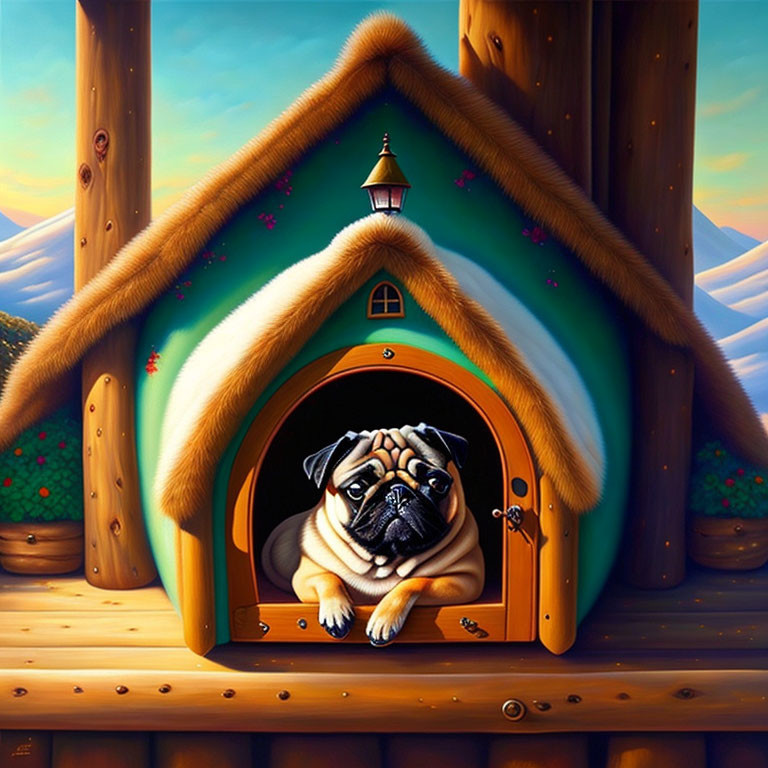 Whimsical pug doghouse scene with snowy roof and mountain backdrop