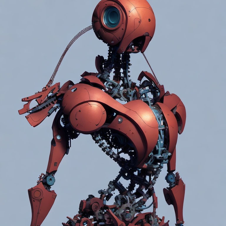 Detailed Robotic Figure with Central Eye & Red Armor on Blue Background