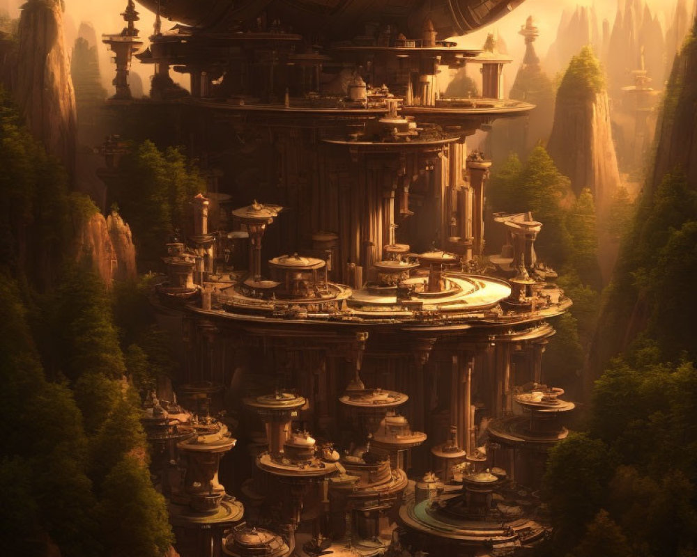 Sci-fi city nestled among rocky pillars in golden haze