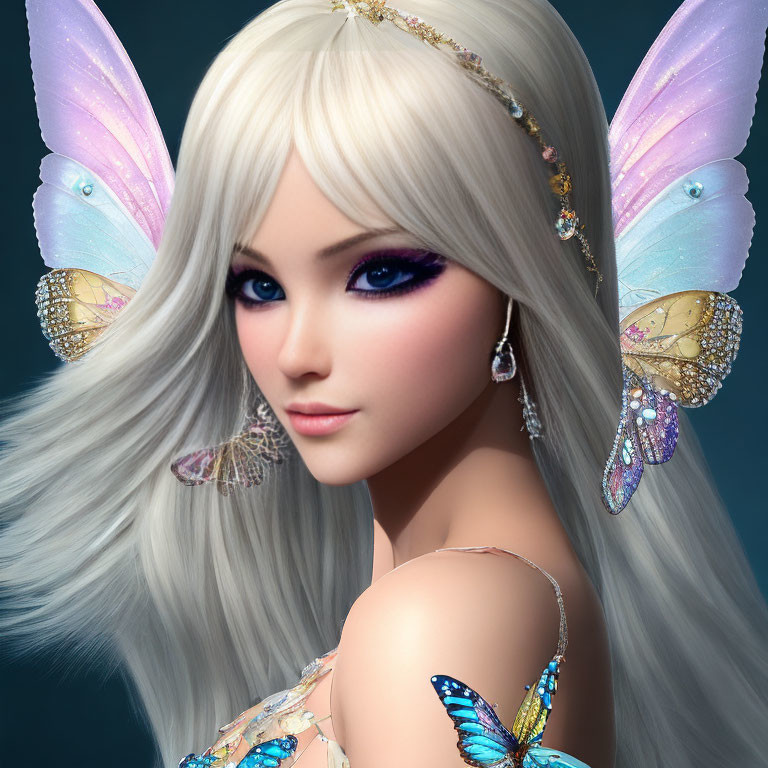 Fantasy character digital art with white hair and butterfly wings.