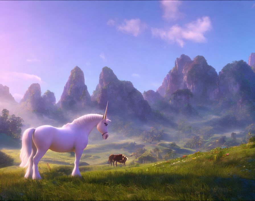 White unicorn in vibrant meadow with horse and rock formations under purple sky