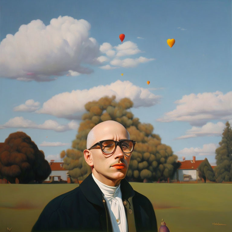 Bald man in suit with glasses in field with colorful balloons.