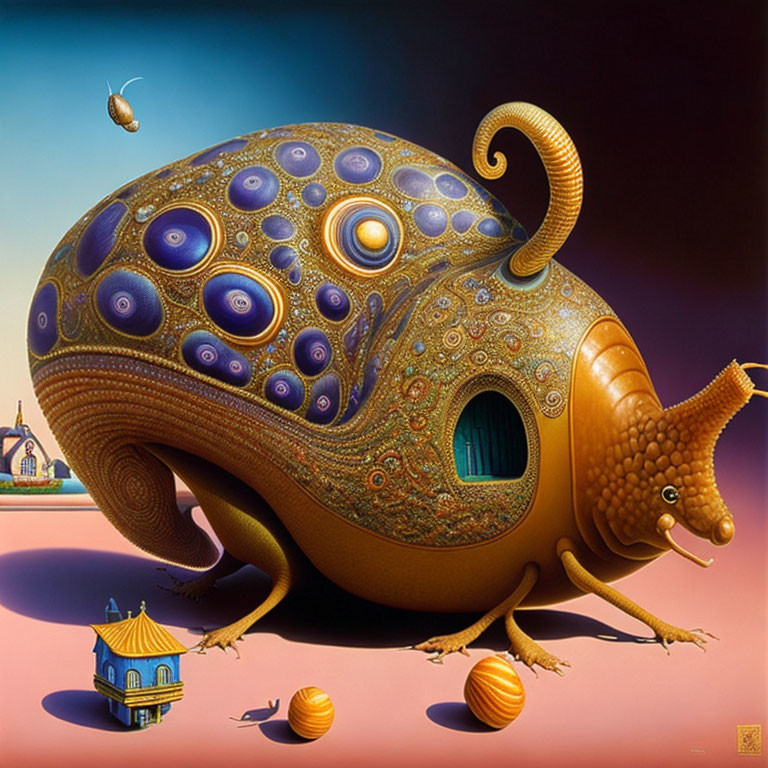 Elaborately patterned snail shell with miniature blue-domed building and smaller matching shells on gradient