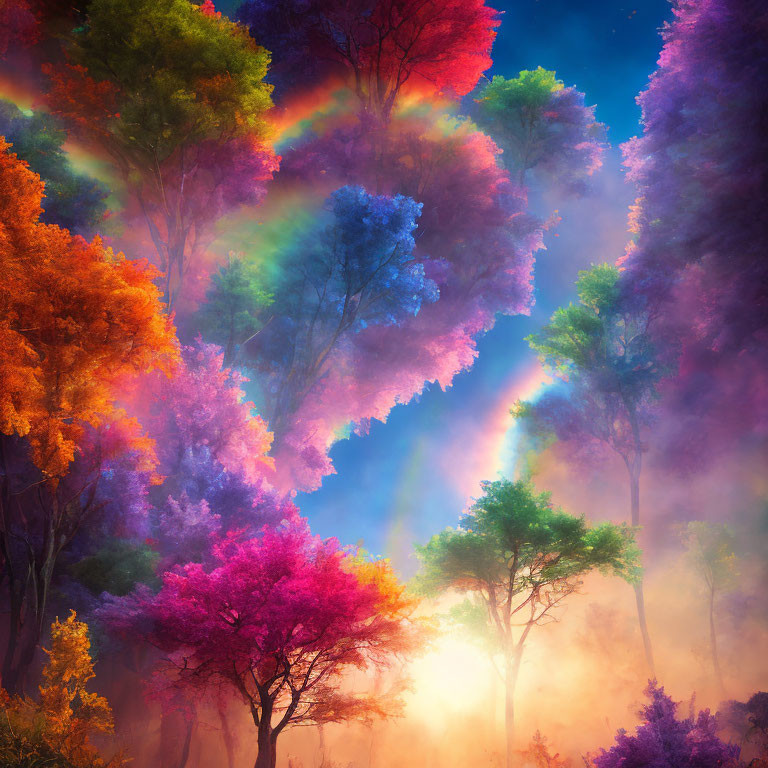 Vibrantly colored trees in mystical forest with rainbows and ethereal light rays