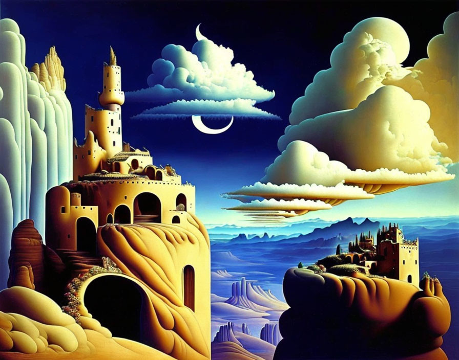 Surreal landscape with castles on clouds and crescent moon