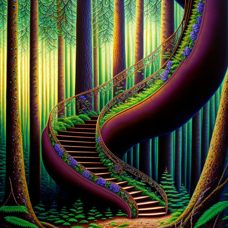 Vibrant green trees and ornate staircase in mystical forest