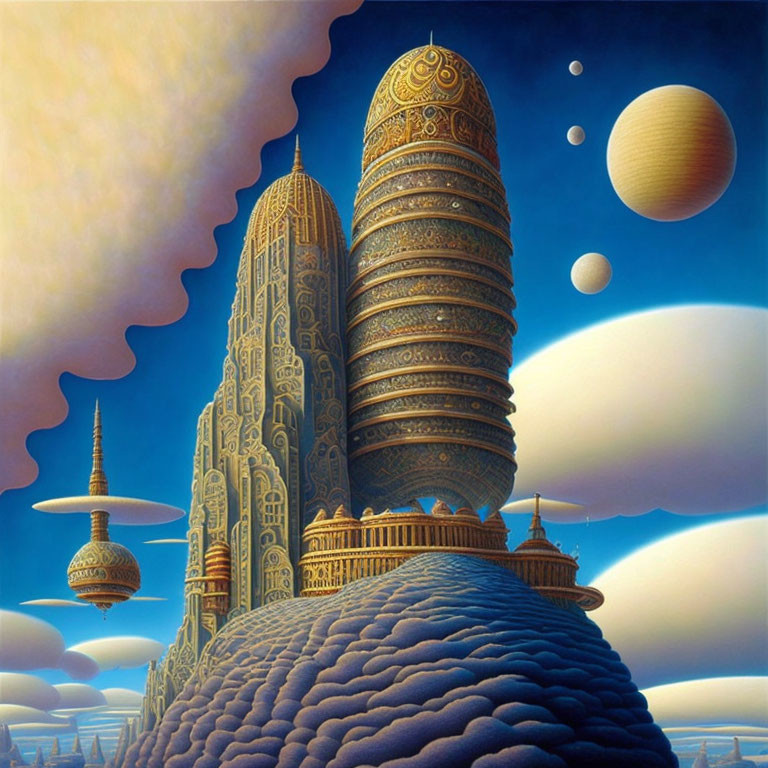 Surreal landscape with ornate towers and sci-fi elements against celestial sky