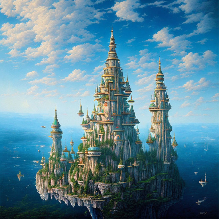 Fantastical floating island with ornate towers and airships in the sky