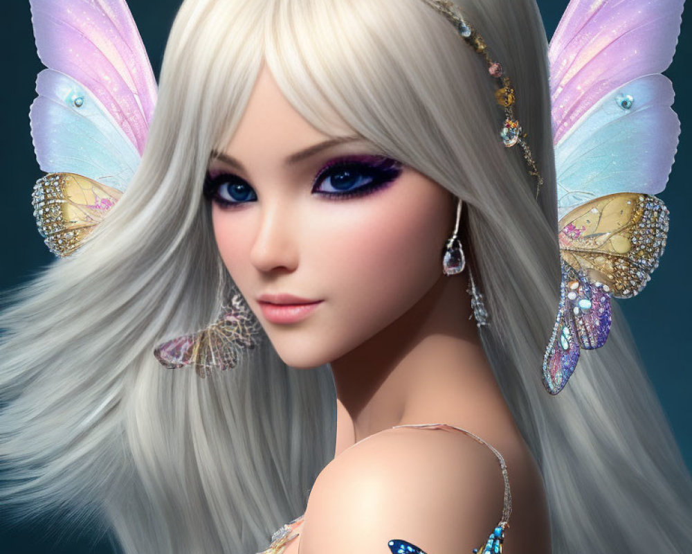 Fantasy character digital art with white hair and butterfly wings.