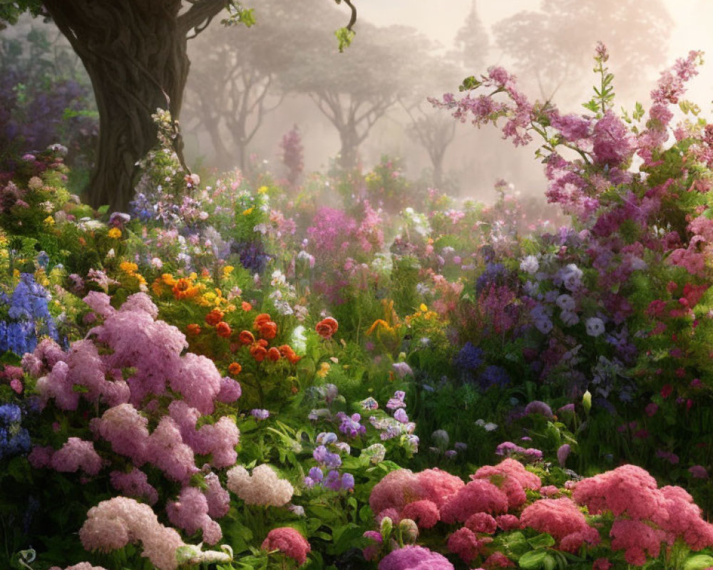 Vibrant hydrangeas and assorted flowers in lush garden with pagoda-like structure.