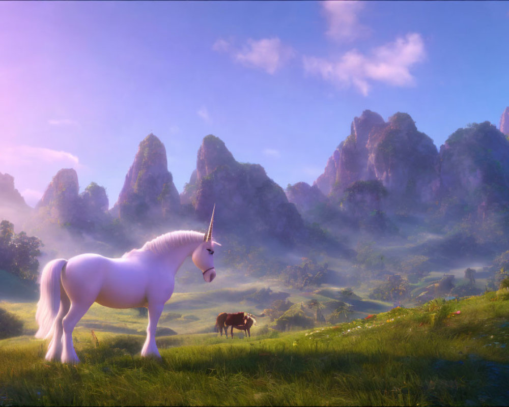 White unicorn in vibrant meadow with horse and rock formations under purple sky