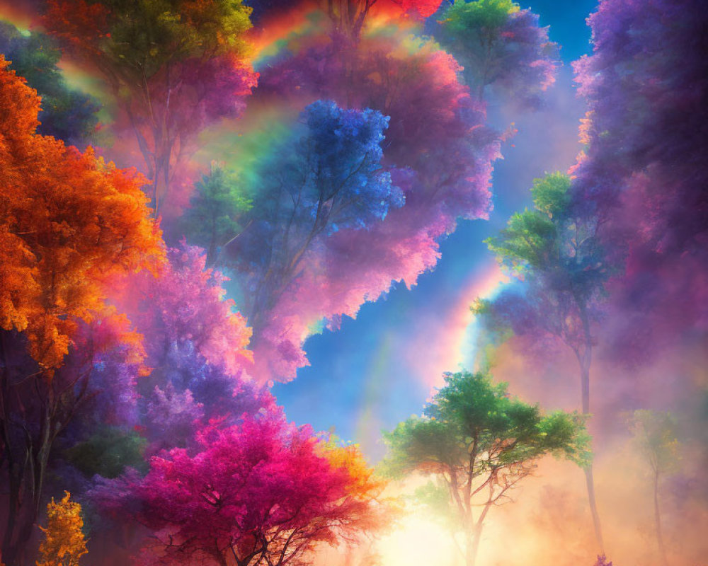 Vibrantly colored trees in mystical forest with rainbows and ethereal light rays