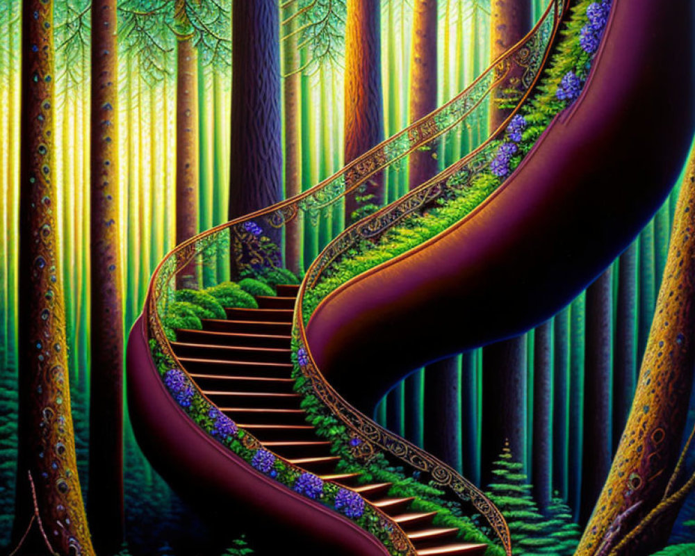 Vibrant green trees and ornate staircase in mystical forest