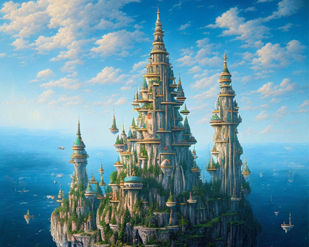 Fantastical floating island with ornate towers and airships in the sky