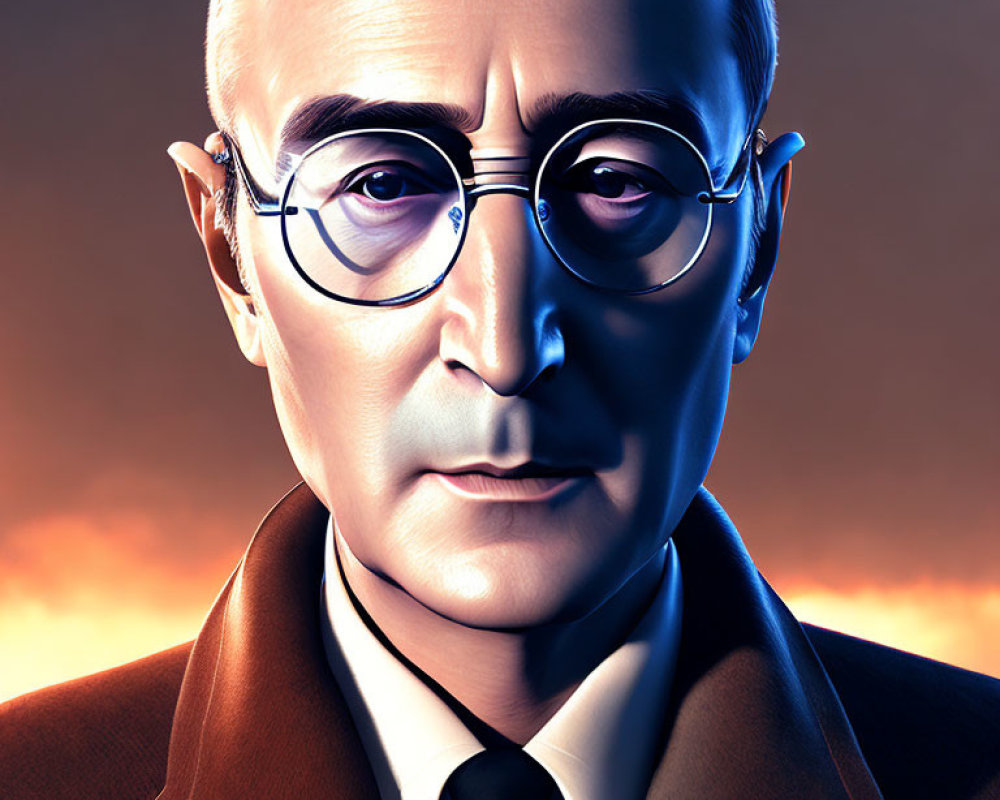 Male character with round spectacles in brown suit on amber background