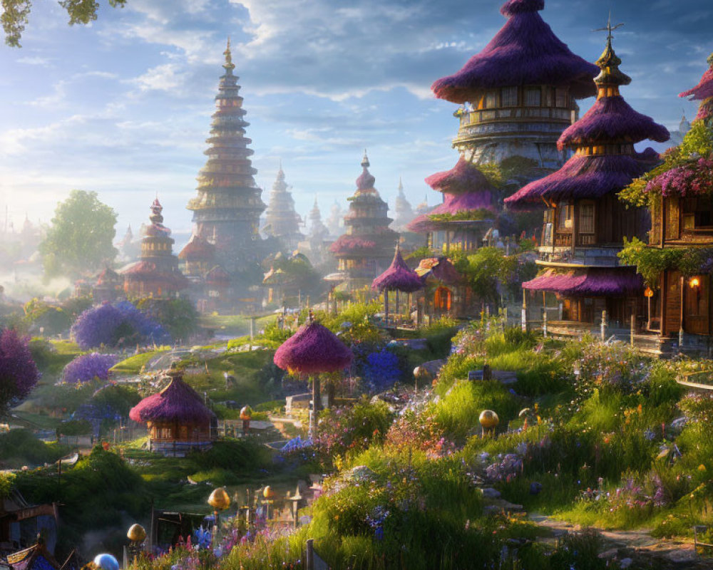 Tranquil fantasy landscape with pagoda-style buildings and blooming trees