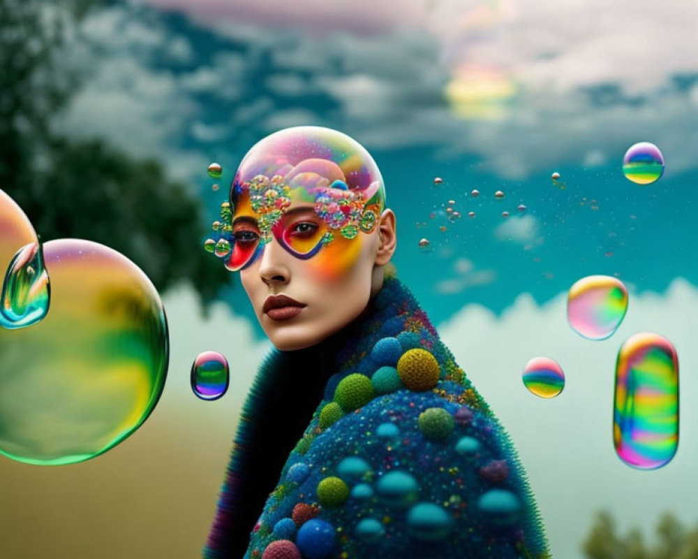 Colorful surreal portrait with bubble-like patterns on face and shoulders against iridescent bubbles and moody