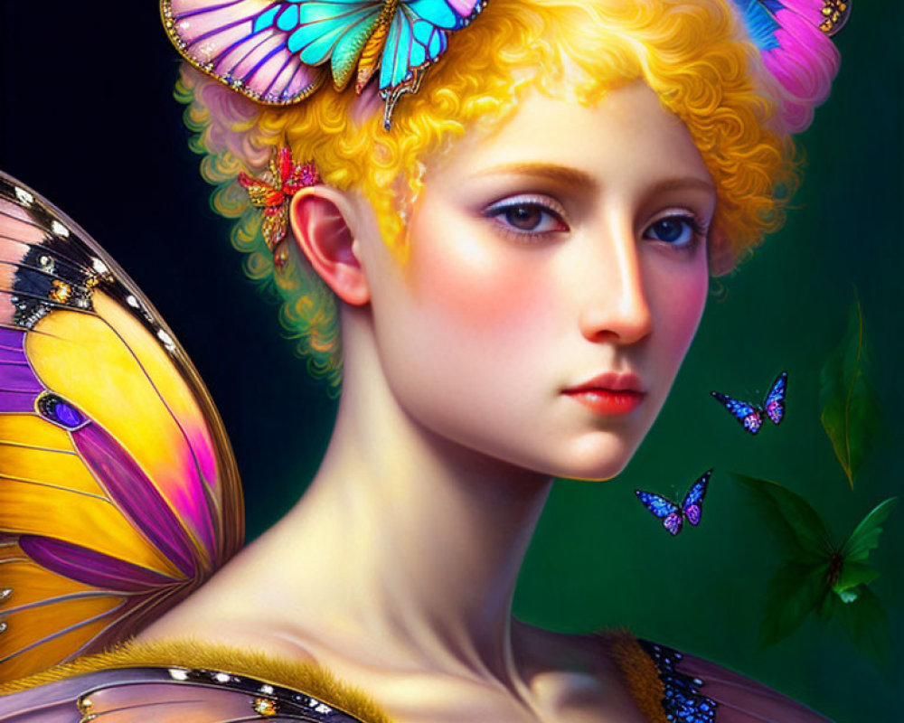 Colorful digital artwork: Woman with golden hair and butterflies