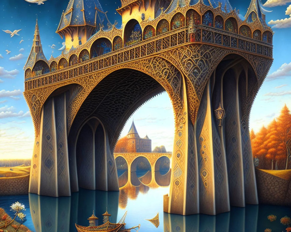 Fantasy painting of ornate castle, arches over water, autumn trees, boats, bird in