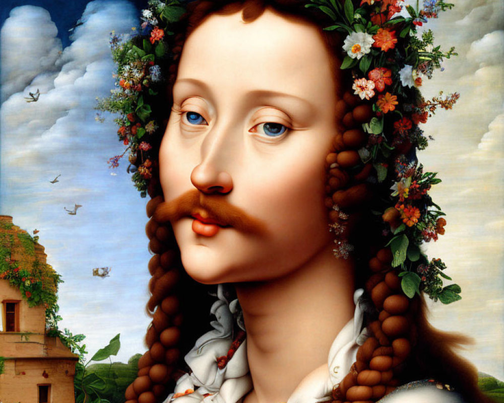 Digitally altered portrait blending classic art with whimsical features