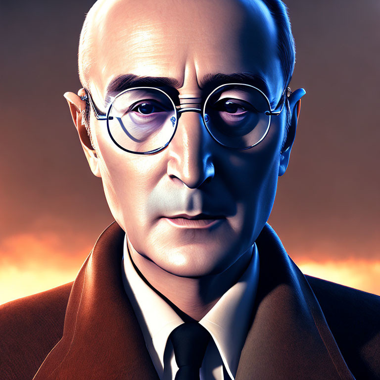 Male character with round spectacles in brown suit on amber background