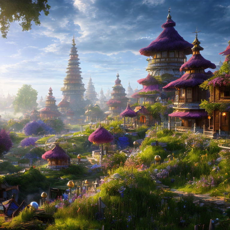 Tranquil fantasy landscape with pagoda-style buildings and blooming trees