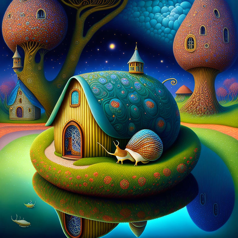 Whimsical snail shell house on vibrant landscape with tree-shaped houses under starry sky