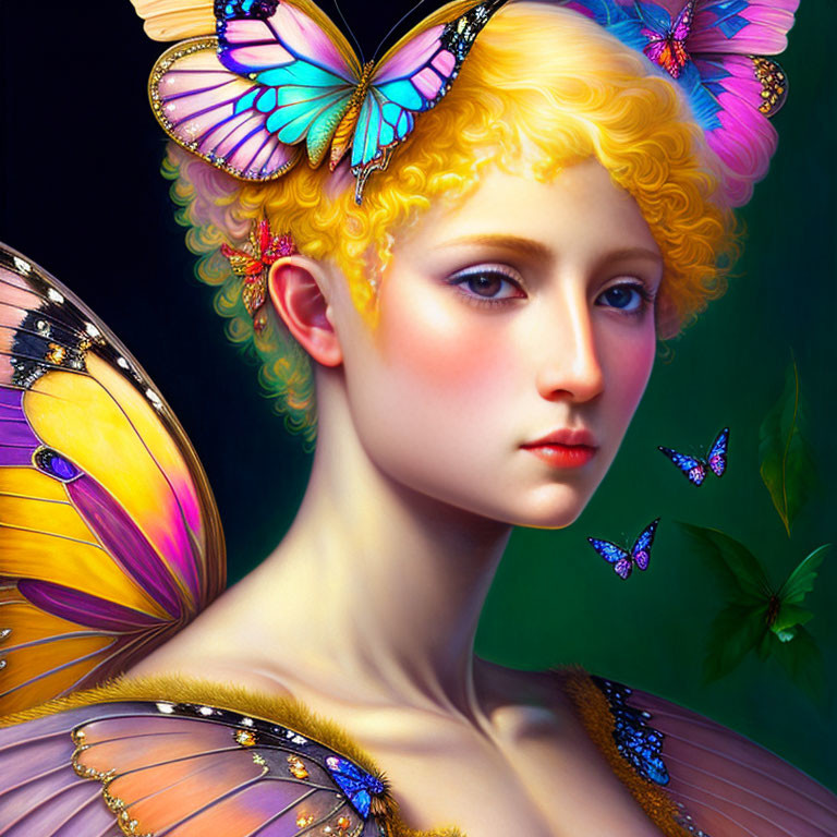 Colorful digital artwork: Woman with golden hair and butterflies