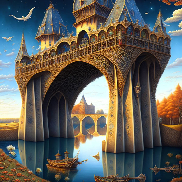 Fantasy painting of ornate castle, arches over water, autumn trees, boats, bird in