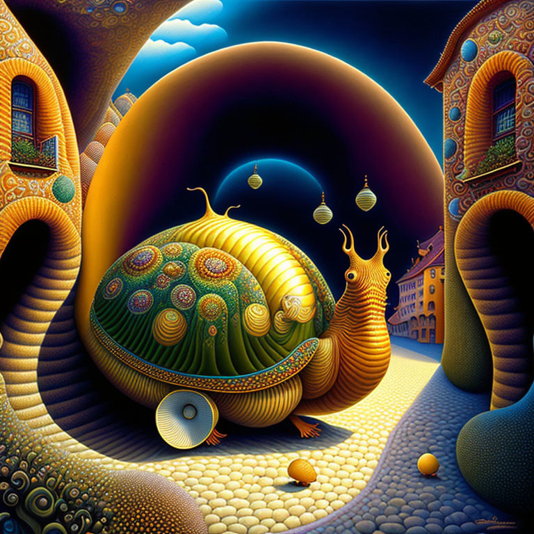 Colorful peacock-patterned snail in whimsical nighttime cityscape