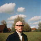 Bald man in suit with glasses in field with colorful balloons.