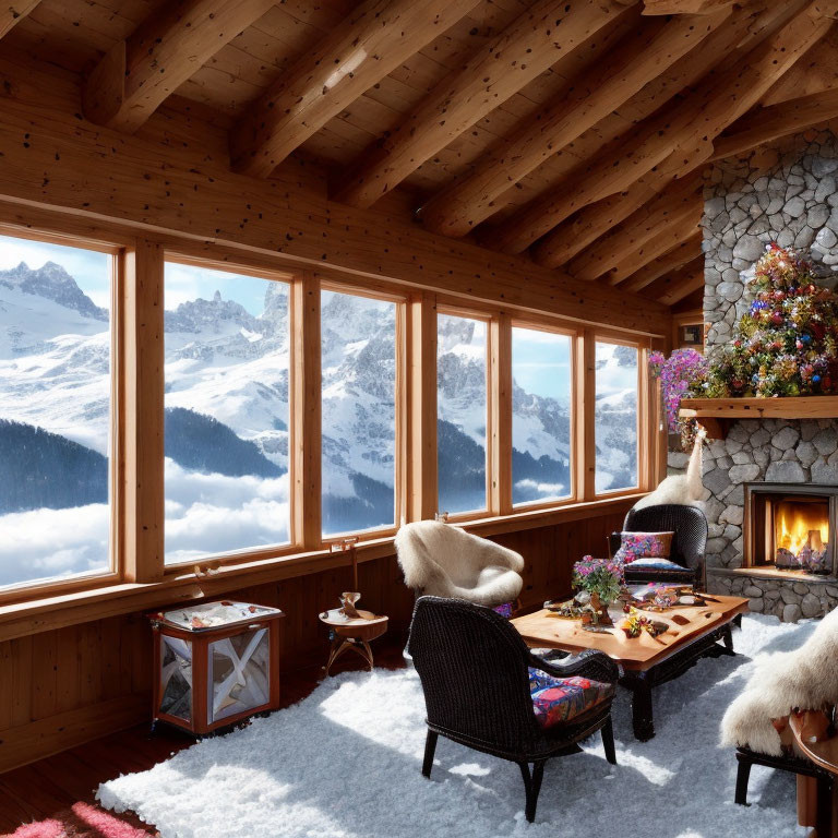 Snowy Mountain View Cabin Interior with Fireplace & Large Windows