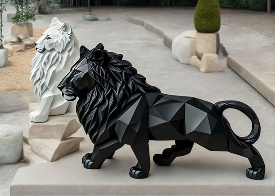 Geometric lion sculptures in black and white on pavement with trimmed hedge.