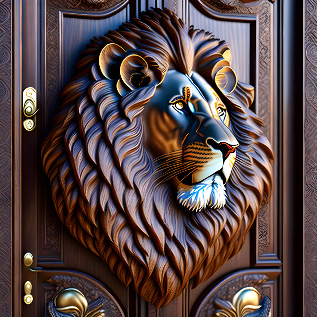 Majestic lion's head wooden door with golden handles