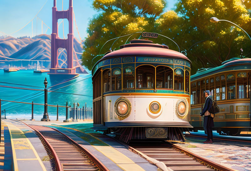 Person next to cable cars on sunlit track with Golden Gate Bridge in background