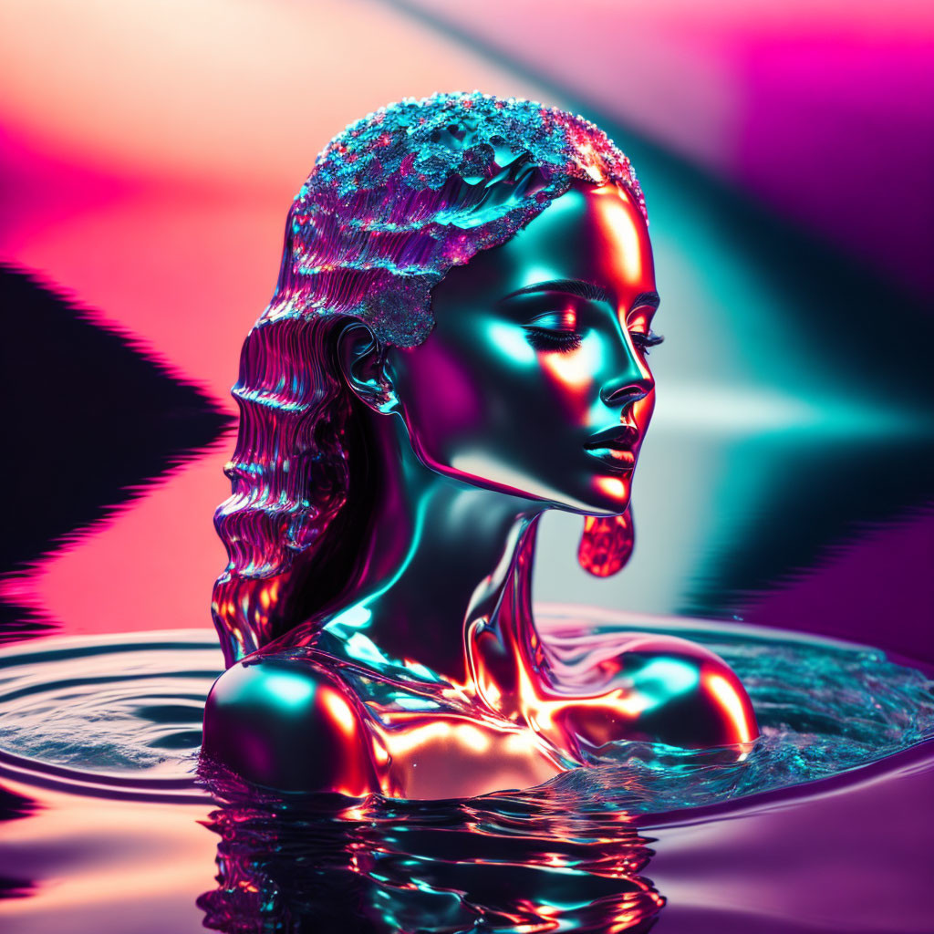 Metallic female figure with crystal headpiece in water on neon background