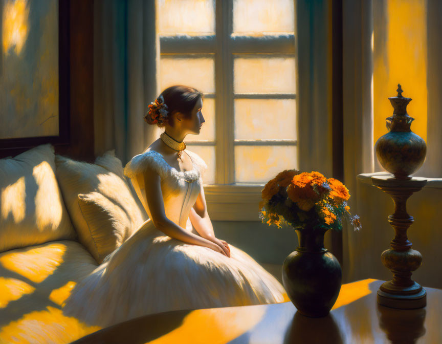 Woman in White Dress Contemplating by Sunlit Window