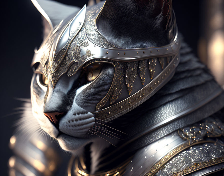 Detailed digital artwork: Cat in ornate medieval armor & regal helmet