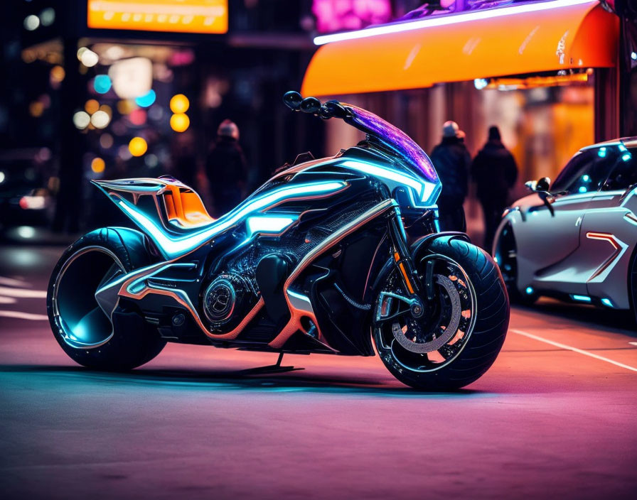 Futuristic motorcycle with neon lights on city street at night