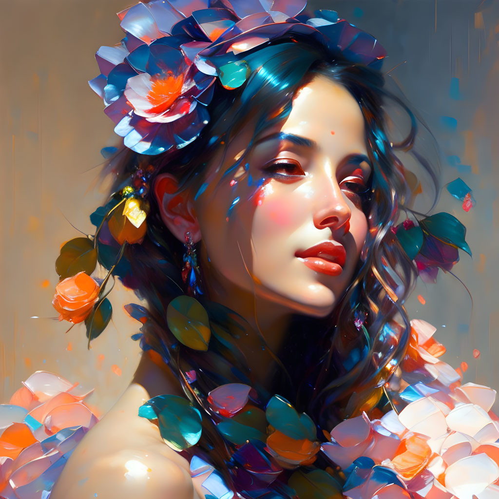 Colorful Portrait of Woman with Floral Headdress