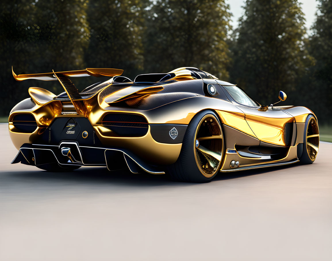 Sleek Golden and Black Sports Car Outdoors with Trees