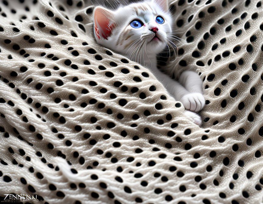 Adorable small kitten with blue eyes on textured tan blanket