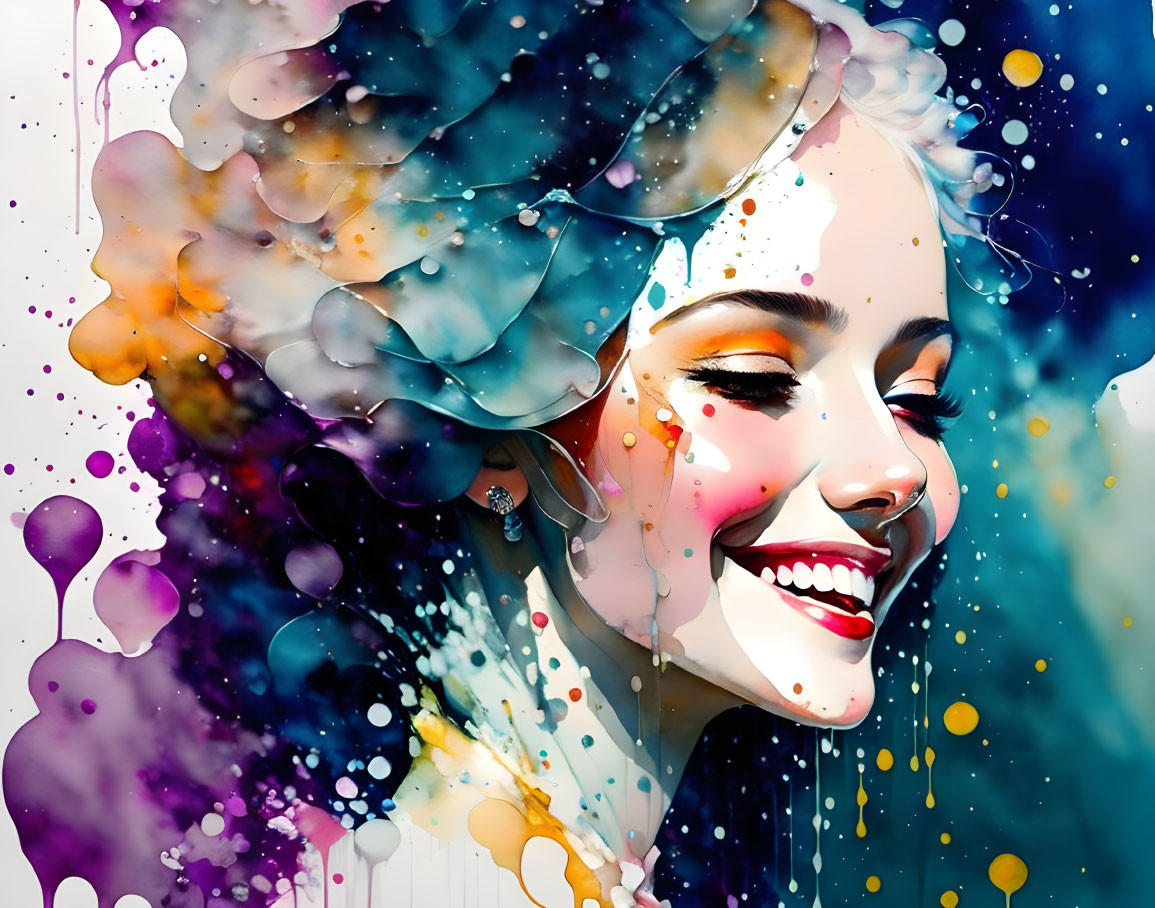 Colorful digital artwork: Smiling woman with splashes and bubbles