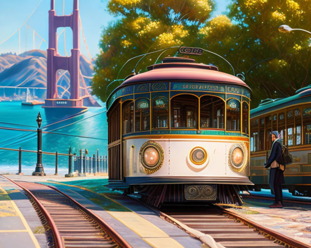 Person next to cable cars on sunlit track with Golden Gate Bridge in background