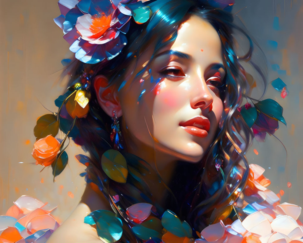 Colorful Portrait of Woman with Floral Headdress