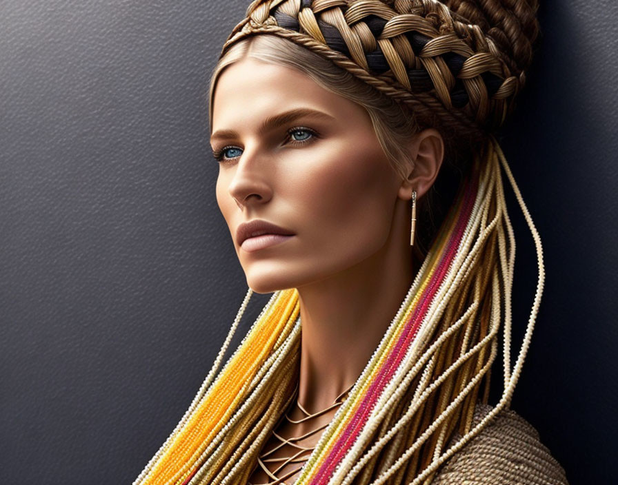 Intricate braided hairstyle with golden accessories on dark backdrop