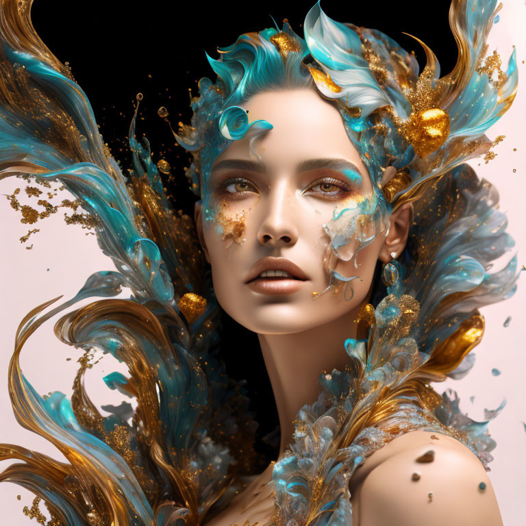 Surreal portrait of woman with blue and gold swirling elements